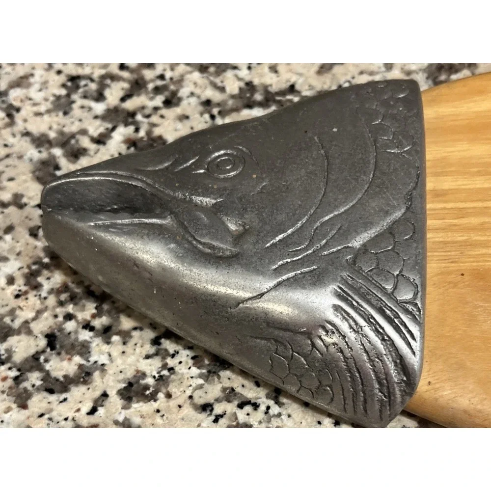 Vtg. Wood Metal Salmon Fish Tray Charcuterie Platter Board Made In Thailand